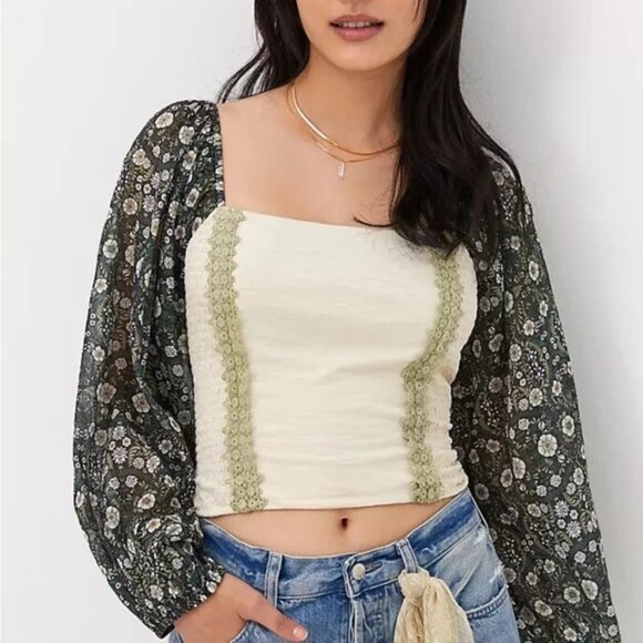 Tops - Anthropologie Forever that Girl Cream and Black Ruched Puff Sleeve Blouse